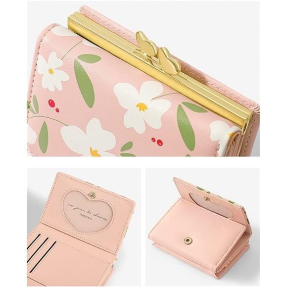 Woogwin Women's Slim RFID Blocking Front Pocket Wallet - Mini Card Holder Keychain, Lichee Pink